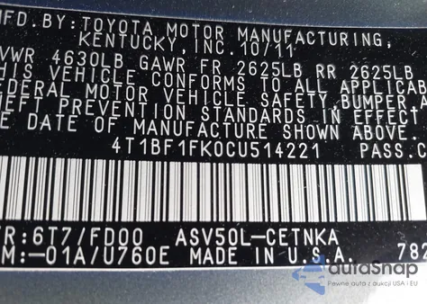 2012 Toyota Camry Le из США, поврежденный, VIN 4T1BF1FK0CU514221